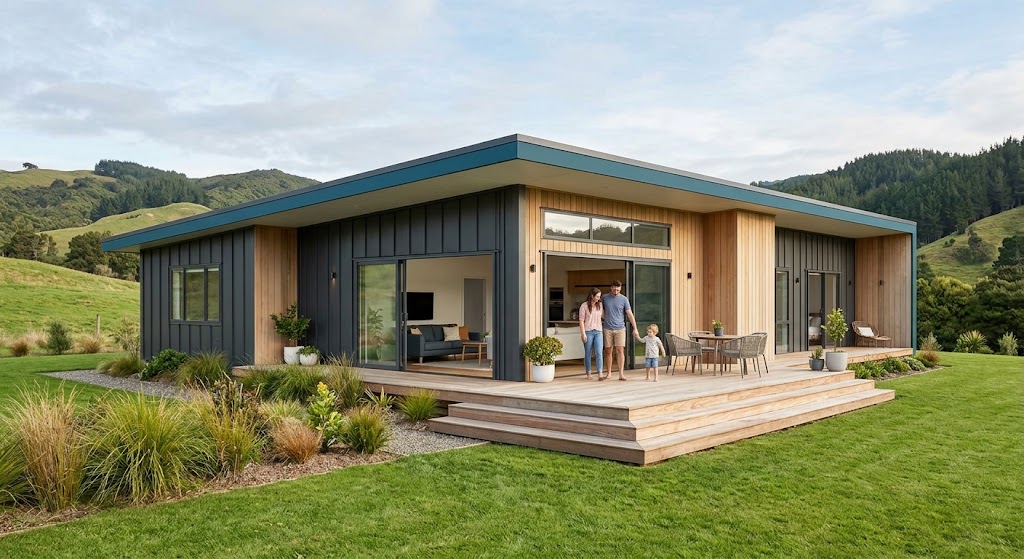 Modern timber and steel prefab family home with a deck