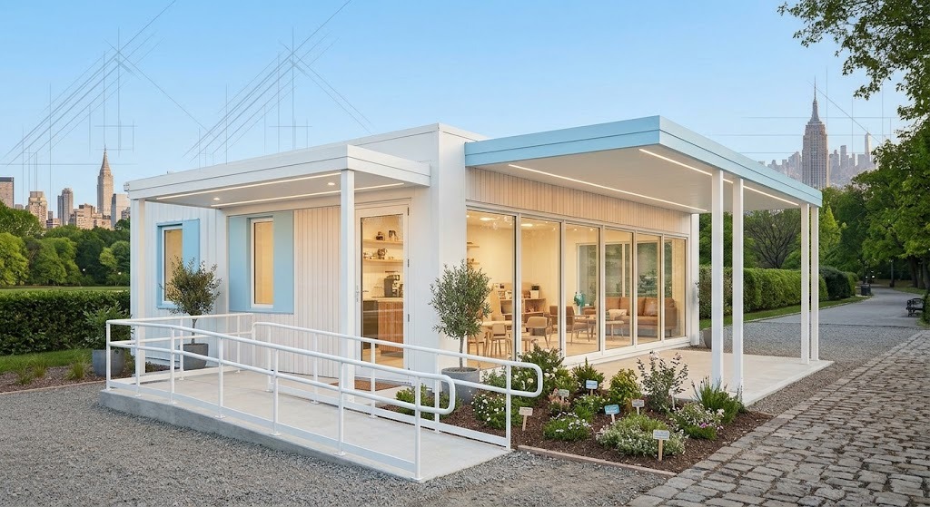 Modular clinic building with ramp and garden